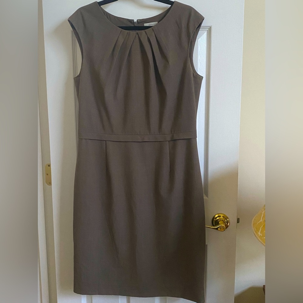 Tahari taupe tan beige sleeveless dress with front pleats at neckline - Size 12